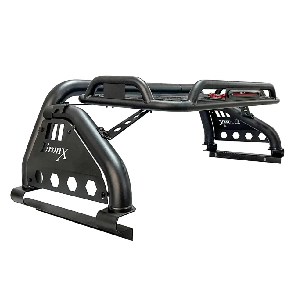ROLL BAR BRONX F2 NEGRO BASE ALTA CON CANASTILLA Y STOP PARA HILUX, NP-300, RANGER, TACOMA, S-10, L-200 Y COLORADO