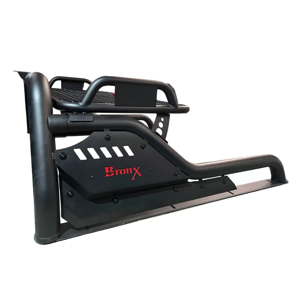 ROLL BAR BRONX F4 NEGRO BASE PLANA CON CANASTILLA, PASAMANO Y STOP PARA F-150, SILVERADO, RAM, TUNDRA, AMAROK Y SIERRA